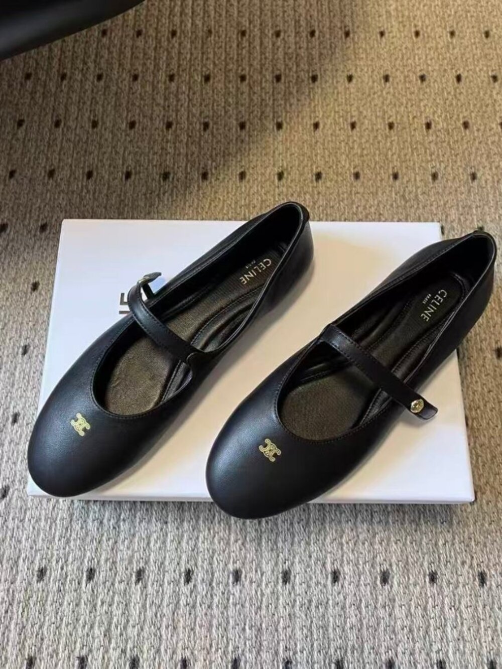 Celine Black Leather Triomphe Mary Jane Ballet Flats